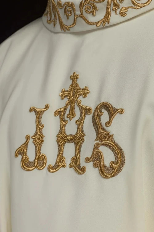 Ecru Chasuble with embroidered IHS monogram — decoration detail