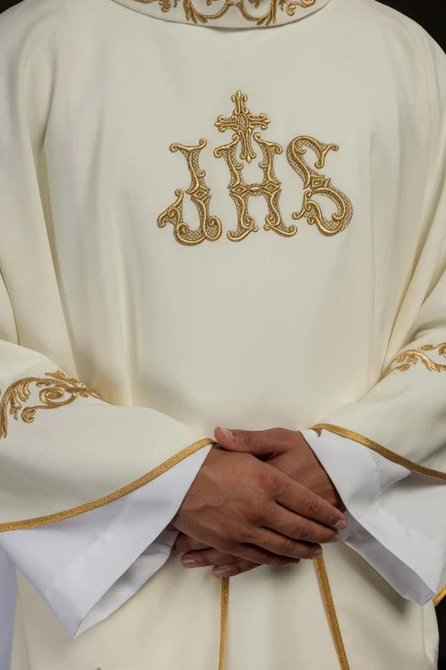 Ecru Chasuble with embroidered IHS monogram — back view