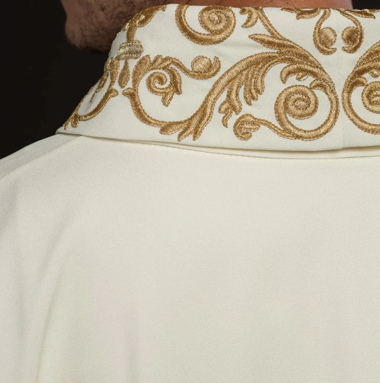 Ecru Chasuble with embroidered IHS monogram — close-up detail