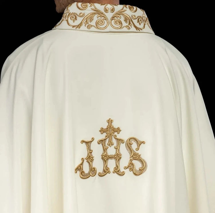 Ecru Chasuble with embroidered IHS monogram — side view