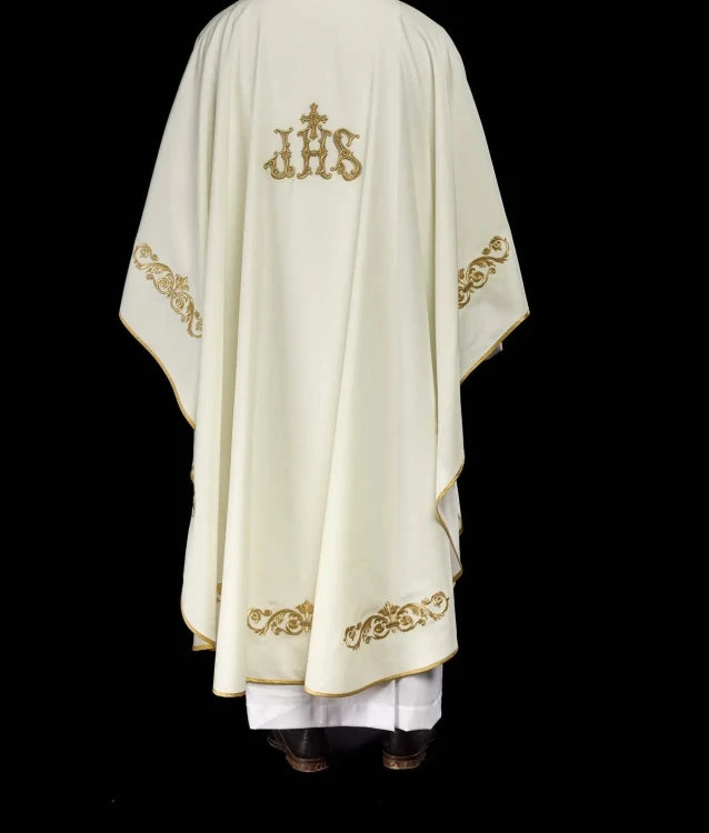 Ecru Chasuble with embroidered IHS monogram — collar detail