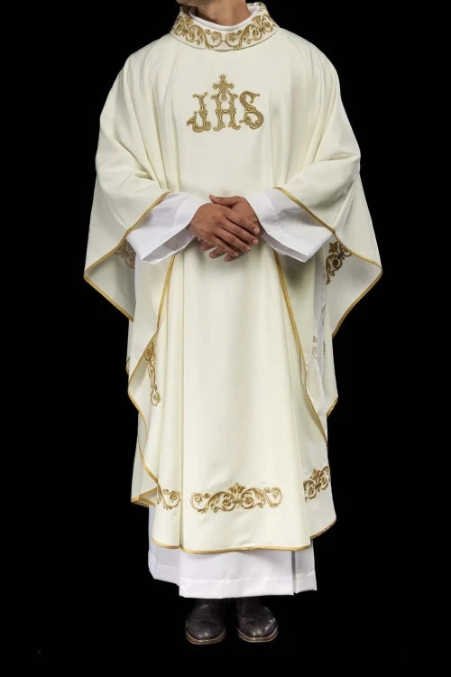 Ecru Chasuble with embroidered IHS monogram — fabric detail