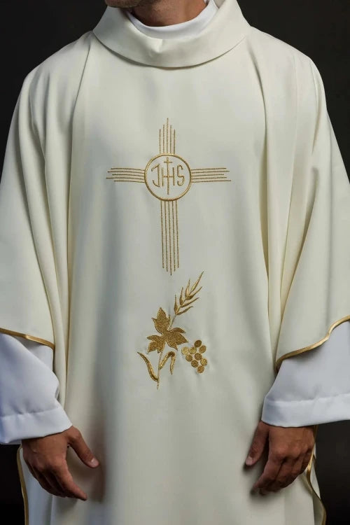Ecru Chasuble with embroidered IHS monogram – Variant II — front view