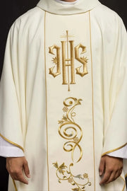 Ecru Chasuble with embroidered IHS monogram – Variant II — front view