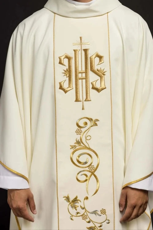 Ecru Chasuble with embroidered IHS monogram – Variant II — front view