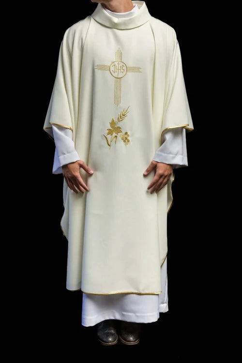 Ecru Chasuble with embroidered IHS monogram – Variant II — full view