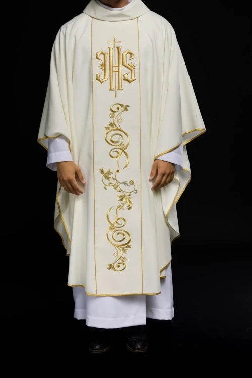 Ecru Chasuble with embroidered IHS monogram – Variant II — full view