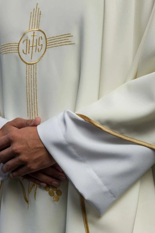 Ecru Chasuble with embroidered IHS monogram – Variant II — back view