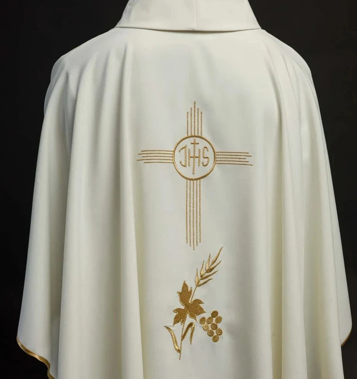 Ecru Chasuble with embroidered IHS monogram – Variant II — side view