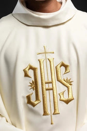 Ecru Chasuble with embroidered IHS monogram – Variant III — front view
