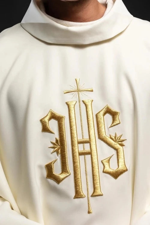 Ecru Chasuble with embroidered IHS monogram – Variant III — front view