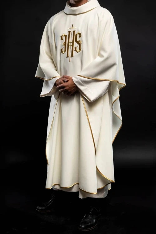 Ecru Chasuble with embroidered IHS monogram – Variant III — full view