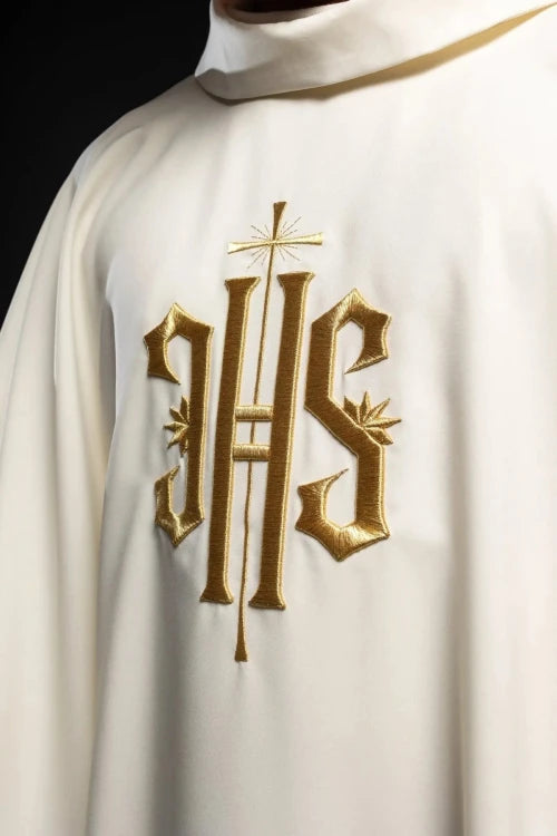 Ecru Chasuble with embroidered IHS monogram – Variant III — back view