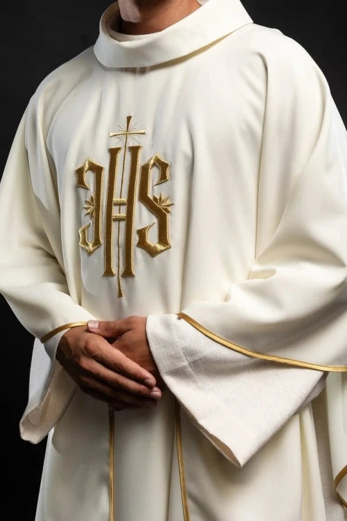 Ecru Chasuble with embroidered IHS monogram – Variant III — side view