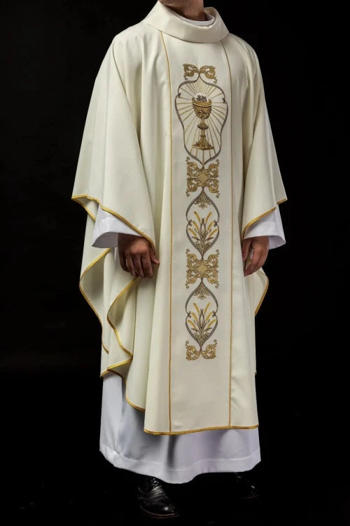 Ecru Chasuble with embroidered IHS monogram – Variant IV — front view