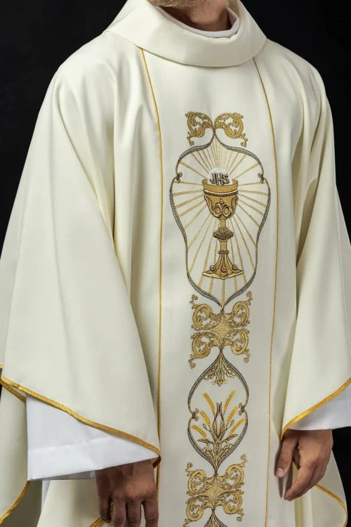 Ecru Chasuble with embroidered IHS monogram – Variant IV — full view