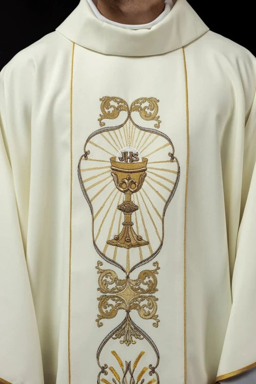 Ecru Chasuble with embroidered IHS monogram – Variant IV — back view