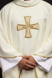 Ecru Chasuble with embroidered IHS monogram – Variant V — front view
