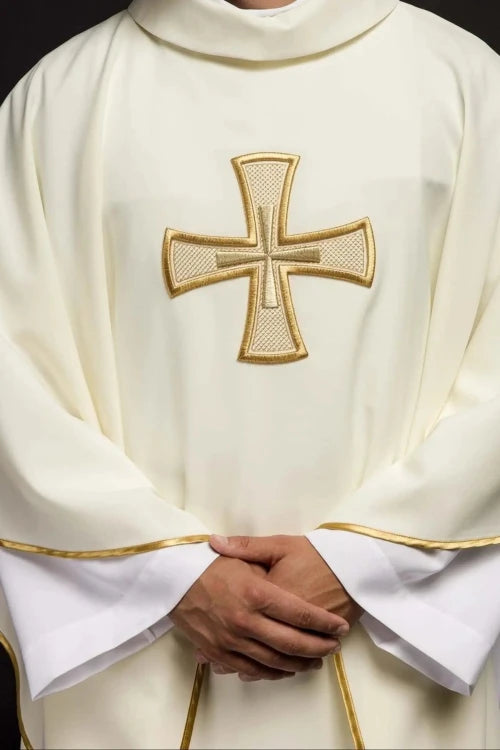 Ecru Chasuble with embroidered IHS monogram – Variant V — front view