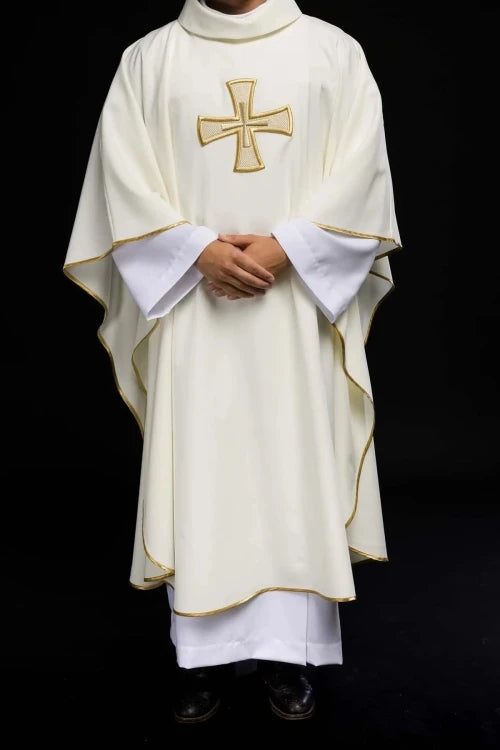 Ecru Chasuble with embroidered IHS monogram – Variant V — full view