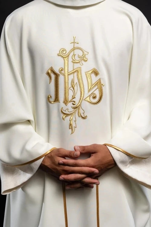 Ecru Chasuble with embroidered IHS monogram – Variant VI — front view