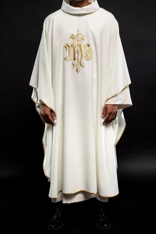 Ecru Chasuble with embroidered IHS monogram – Variant VI — full view