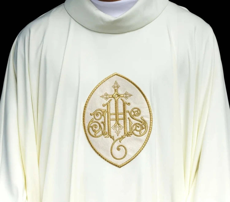 Ecru Chasuble with embroidered IHS monogram – Variant VII — front view