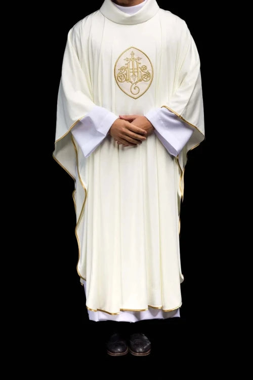 Ecru Chasuble with embroidered IHS monogram – Variant VII — full view