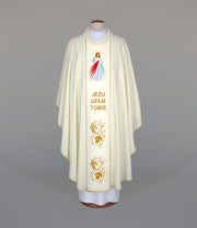 Ecru Chasuble with embroidered image of the Divine Mercy — front view
