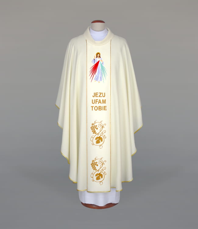 Ecru Chasuble with embroidered image of the Divine Mercy — front view