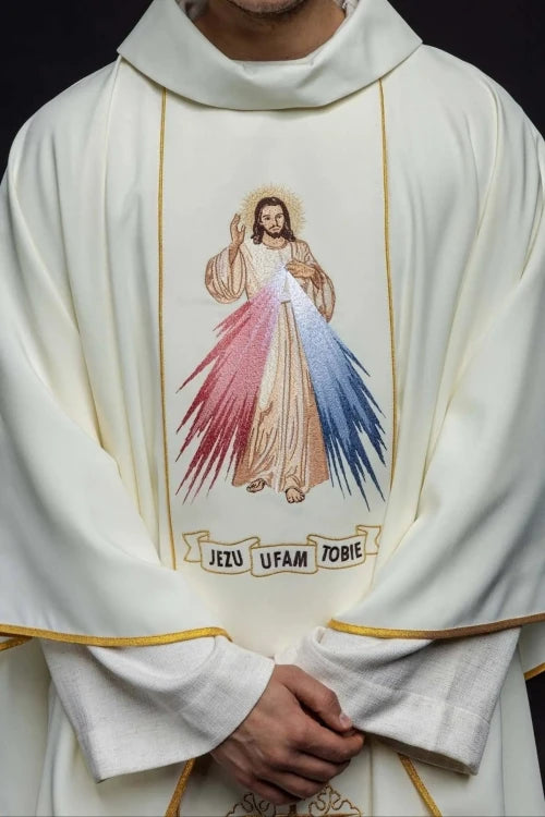 Ecru Chasuble with embroidered image of the Divine Mercy – Variant English — front view