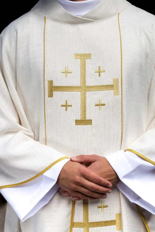 Ecru Chasuble with embroidered Jerusalem cross – Variant II — front view