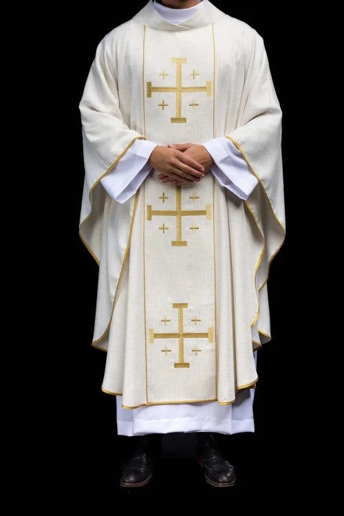 Ecru Chasuble with embroidered Jerusalem cross – Variant II — full view