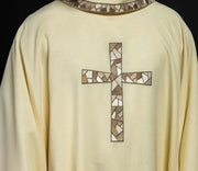 Ecru Chasuble with embroidered mosaic cross — front view