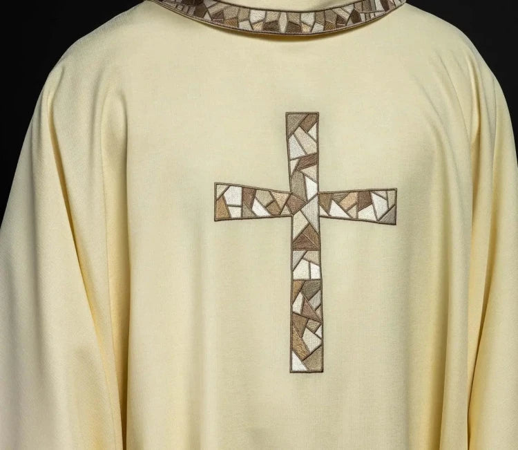Ecru Chasuble with embroidered mosaic cross — front view