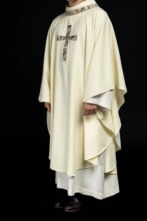 Ecru Chasuble with embroidered mosaic cross — full view