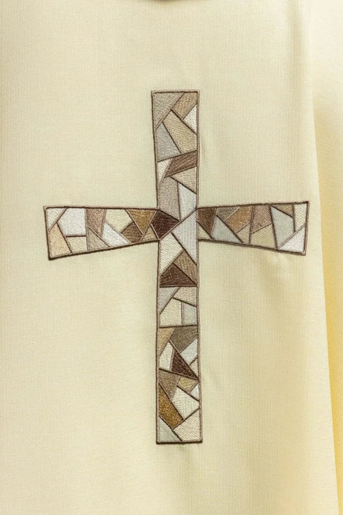 Ecru Chasuble with embroidered mosaic cross — back view