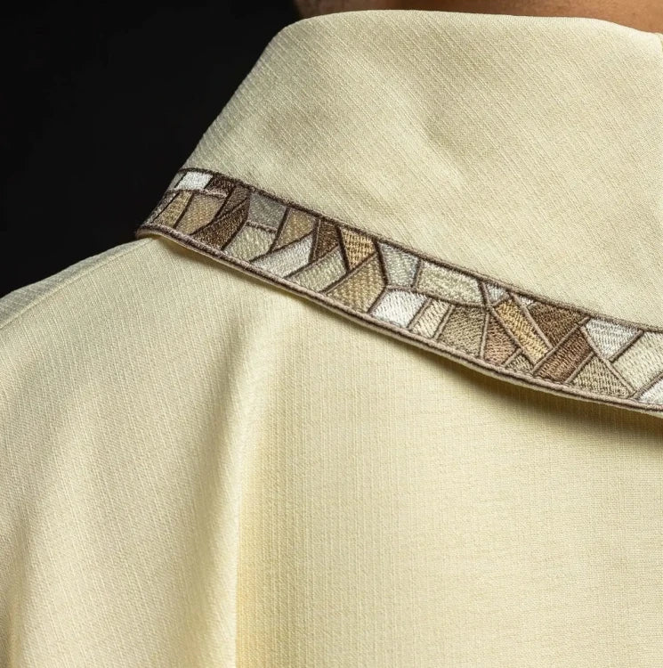 Ecru Chasuble with embroidered mosaic cross — close-up detail