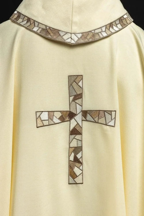 Ecru Chasuble with embroidered mosaic cross — side view