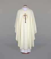 Ecru Chasuble with embroidered papal cross — front view