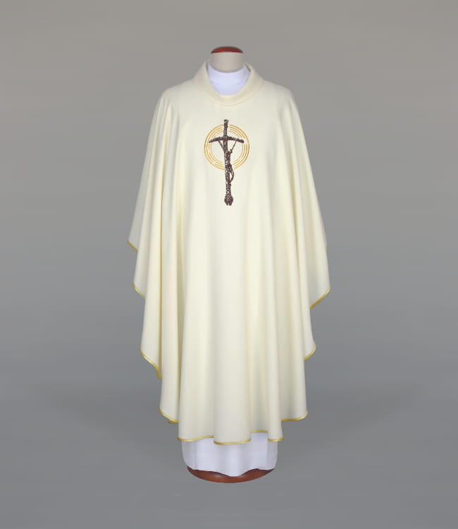 Ecru Chasuble with embroidered papal cross — front view