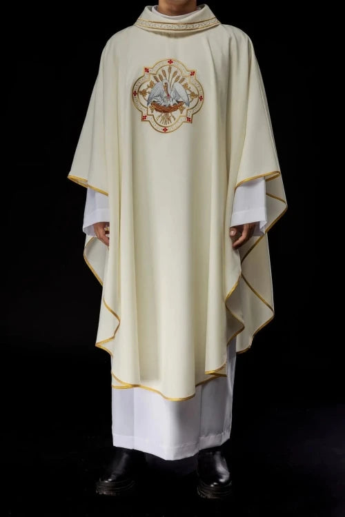 Ecru Chasuble with embroidered pelican motif — full view