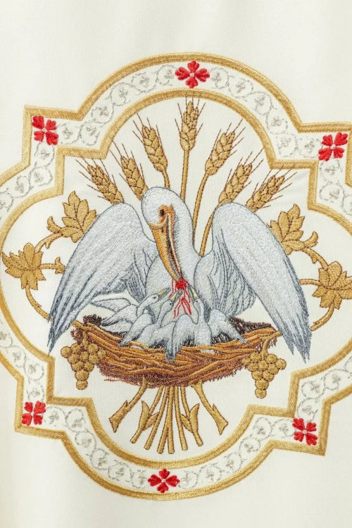 Ecru Chasuble with embroidered pelican motif — back view
