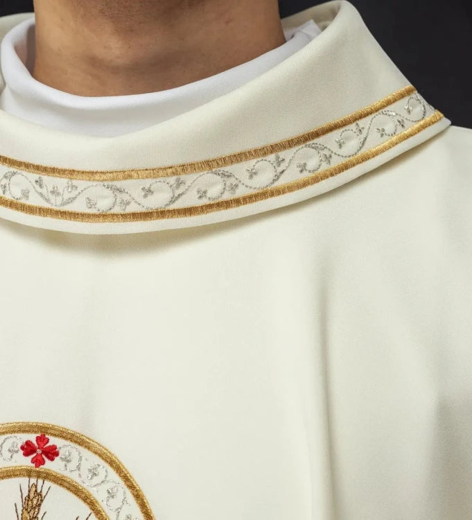 Ecru Chasuble with embroidered pelican motif — side view