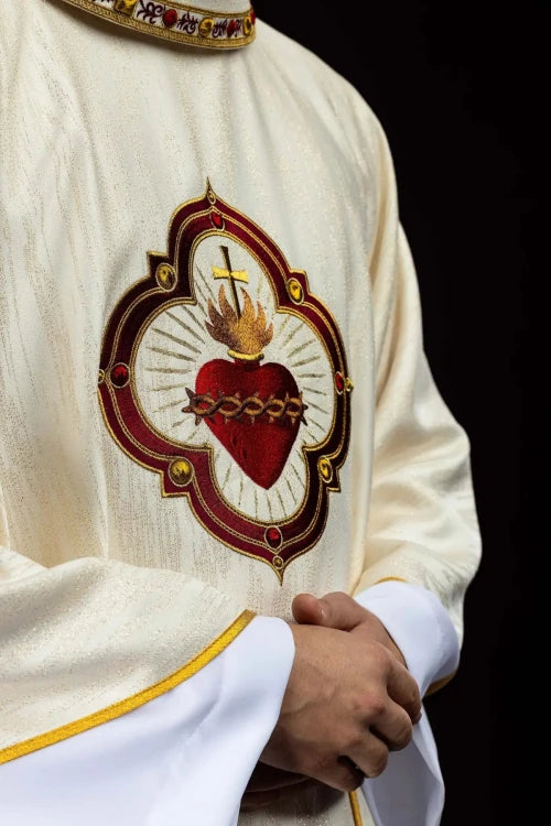 Ecru Chasuble with embroidered Sacred Heart and Eucharistic chalice — back view