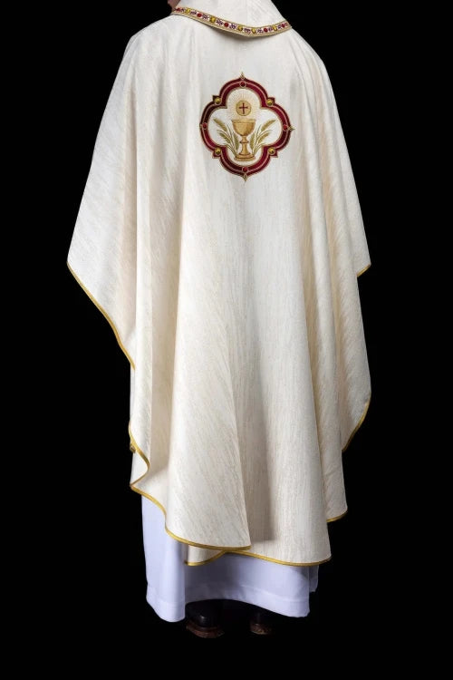 Ecru Chasuble with embroidered Sacred Heart and Eucharistic chalice — vestment detail