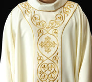 Ecru Chasuble with embroidered velvet band — front view