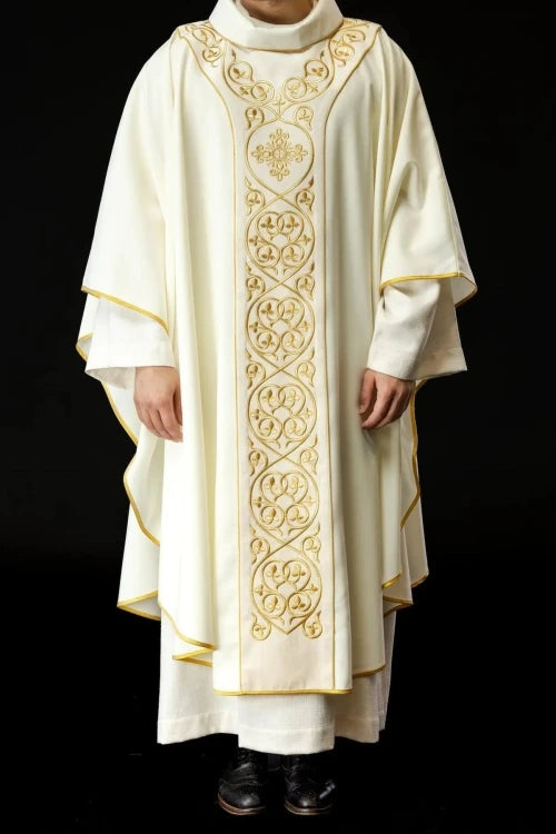 Ecru Chasuble with embroidered velvet band — full view
