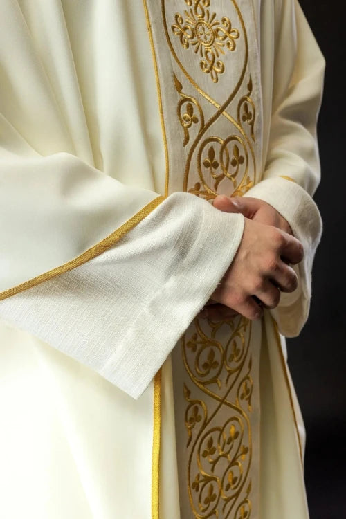 Ecru Chasuble with embroidered velvet band — back view