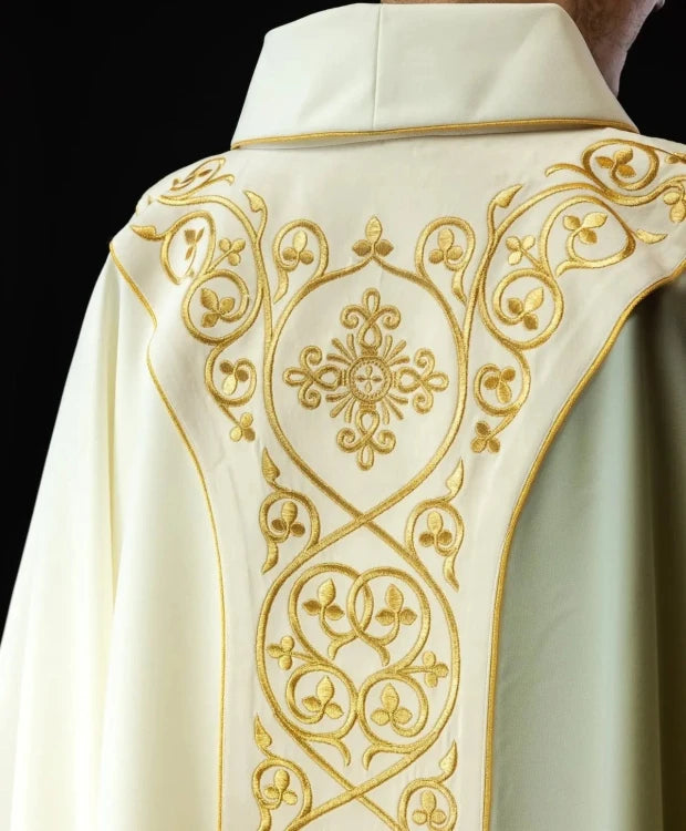 Ecru Chasuble with embroidered velvet band — side view